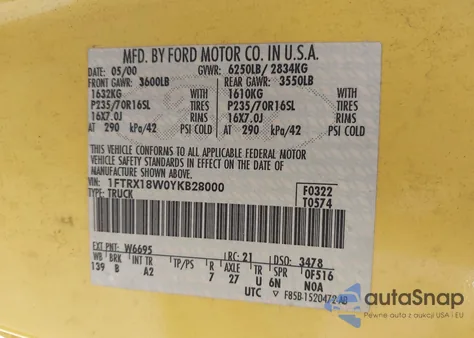 2000 Ford F-150 Lariat/Work Series/Xl/Xlt из США, поврежденный, VIN 1FTRX18W0YKB28000